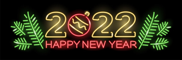 霓虹灯2022新年横幅与圣诞树树枝和球孤立在黑色背景。寒假庆祝概念。向量10 EPS插图。图片下载