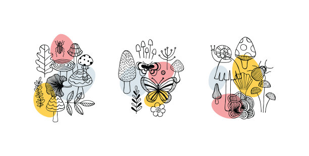 各种蘑菇和昆虫组成直线图片下载
