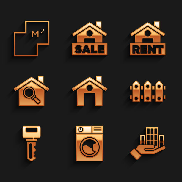 设置房子，洗衣机，摩天大楼，花园篱笆木制，钥匙，搜索房子，悬挂的标志与租金和计划图标。向量图片下载