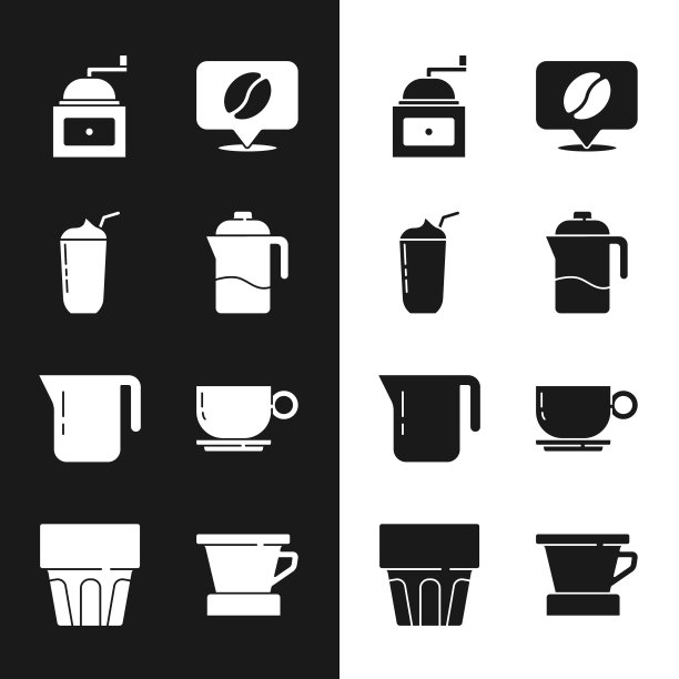 设置法压机，奶昔，手动咖啡研磨机，位置与咖啡豆，咖啡壶，杯子，V60机和玻璃水图标。向量图片下载