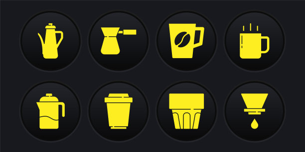 设置法式压力机，咖啡杯，走，玻璃与水，土耳其，V60咖啡机和茶壶图标。向量图片下载
