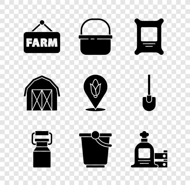 设置招牌与文字农场，篮子，肥料袋，牛奶罐头容器，桶，满袋和木箱，房子和位置玉米图标。向量图片下载