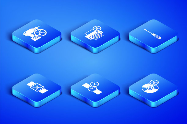 设置CD或DVD光盘服务，钻床，手表，智能手表，打印机和螺丝刀图标。向量图片下载