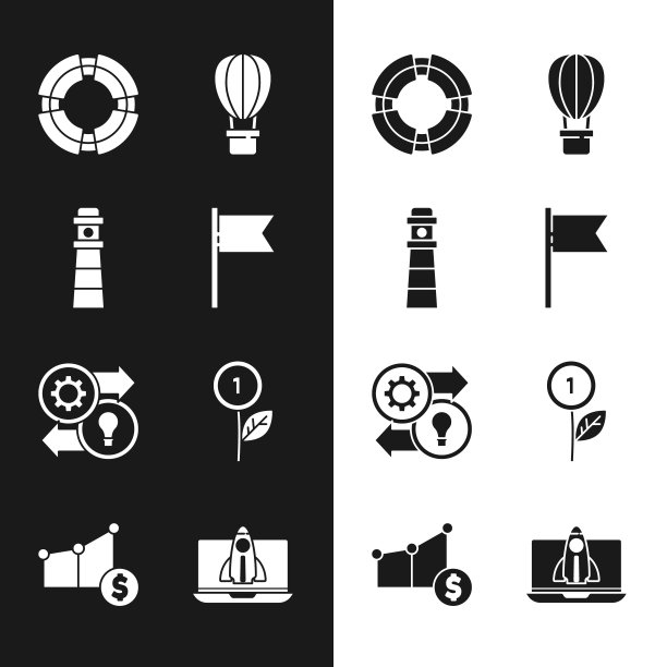设置位置标记，灯塔，商业救生圈，热气球，人力资源，美元工厂，启动项目概念，饼图和美元图标。向量图片下载