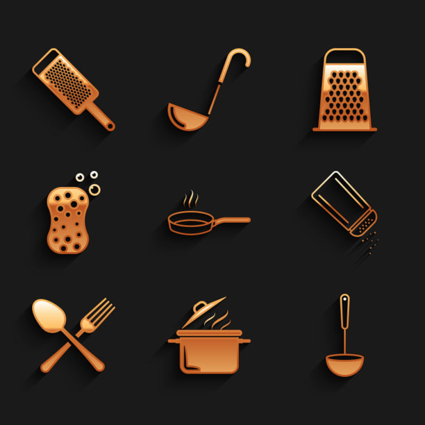 设置煎锅，烹饪锅，厨房勺子，盐和胡椒，交叉叉勺，海绵泡沫，刨丝器和图标。向量图片下载