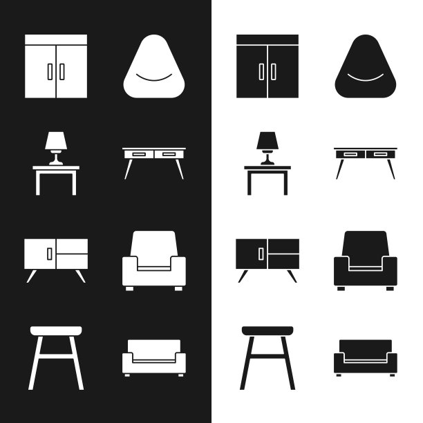 设置办公桌，桌上的台灯，衣柜，坐垫，抽屉柜，扶手椅，沙发和椅子图标。向量图片下载