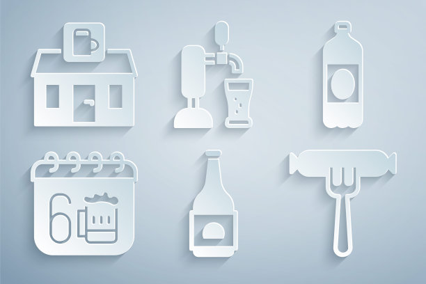 设置啤酒瓶，塑料啤酒，圣帕特里克日日历，香肠在叉子上，用玻璃水龙头和商店建筑的商店图标。向量图片下载