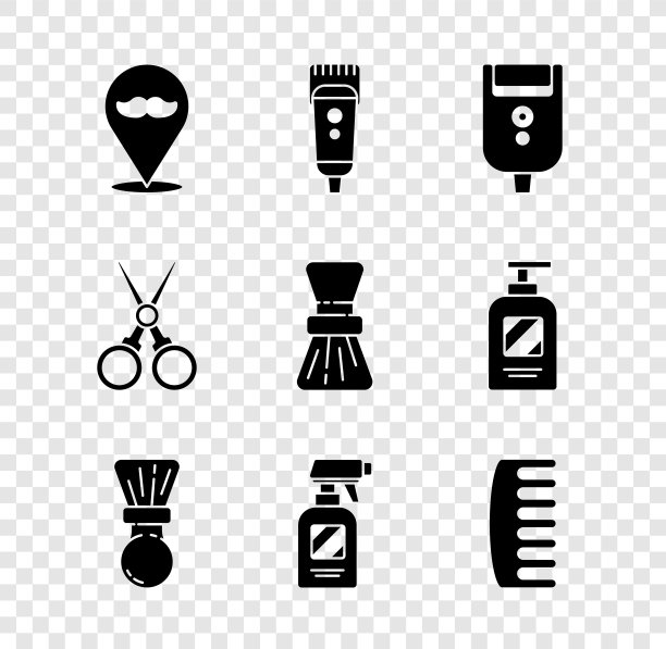 集理发店，电动理发器或剃须刀，男士剃须刀片，剃须刷，发型师手枪喷雾瓶，发刷，剪刀，发型师图标。向量图片下载