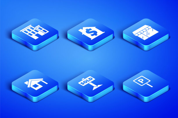 设置停车场，房子，悬挂的文字出售的标志，美元符号和市场商店图标。向量图片下载