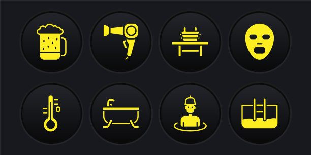 设置桑拿温度计，面部化妆面膜，浴缸，桑拿男人，带桶的长凳，电吹风，游泳池梯子和木制啤酒杯图标。向量图片下载