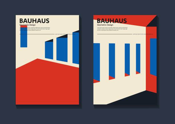 封面设计集复古与抽象的室内空间。蓝色和红色的形状。图片下载