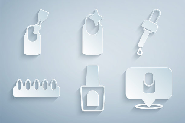 集瓶指甲油，吸管与油，假指甲，美甲，美甲和铣刀的图标。向量图片下载