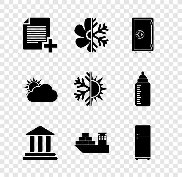 设置添加新文件，空调，保险箱，银行建筑，货船和冰箱图标。向量图片下载