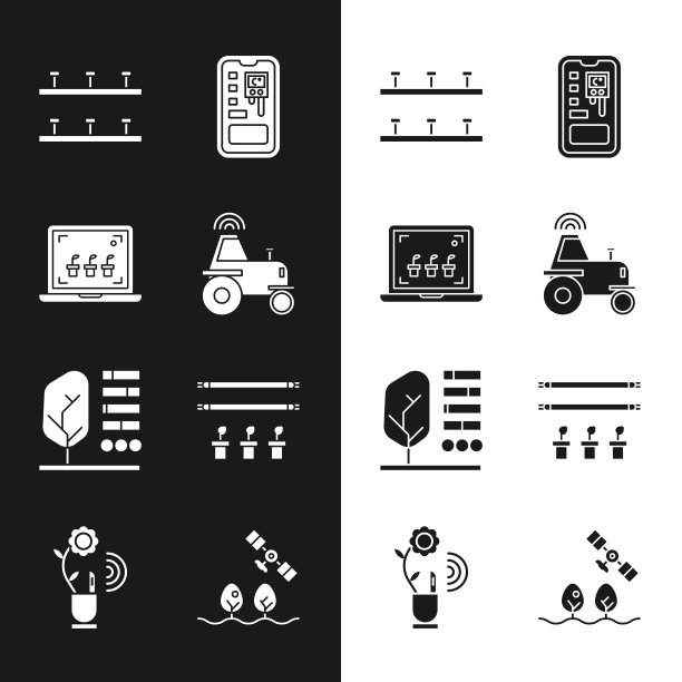 设置无线拖拉机智能农场，智能农业技术，自动灌溉洒水器，控制系统，植物状态，与灯泡和植物，无人机和图标。向量图片下载