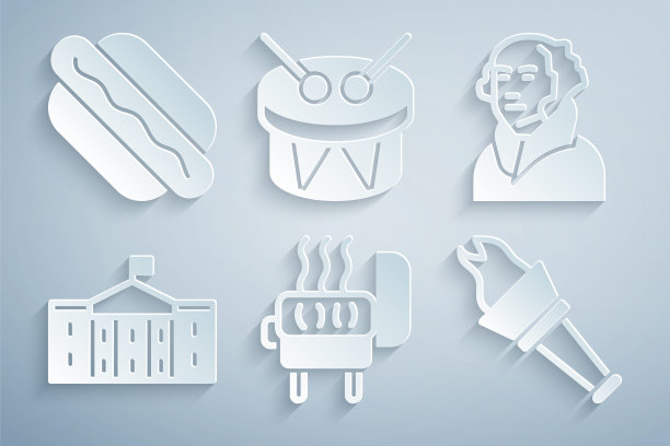 集烧烤架，乔治华盛顿，美国国会大厦，火炬火焰，鼓和鼓棒和热狗三明治图标。向量图片下载