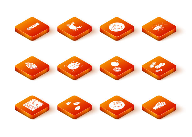 设有心电图监测仪、芝麻、红眼过敏性结膜炎、寄生螨、头痛男、橘子果、手牛皮癣湿疹和花生图标。向量图片下载