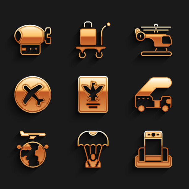 设置护照，降落伞，金属探测器在机场，乘客梯子，地球与飞行飞机，飞机，直升机和飞艇图标。向量图片下载