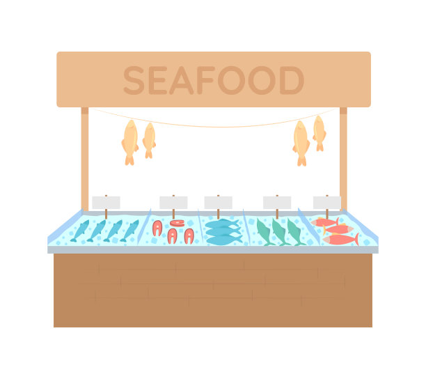 海鲜市场摊位半平色矢量对象图片下载