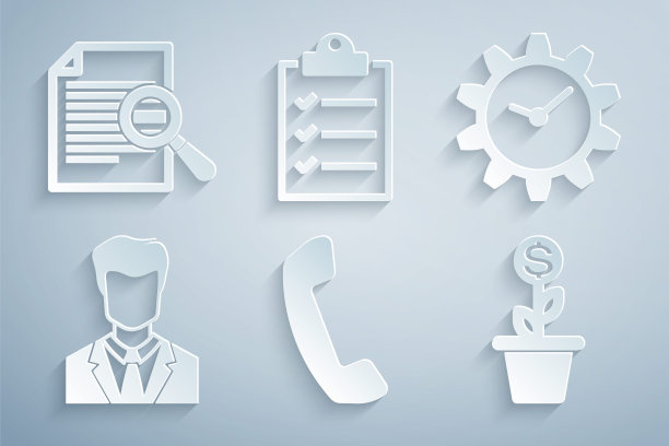 设置电话听筒，时间管理，用户在商务套装，美元植物壶，剪贴板与清单和文件搜索图标。向量图片下载