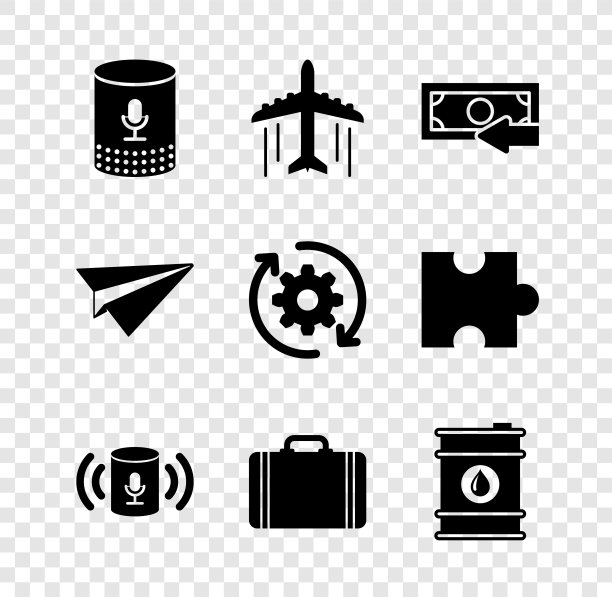 设置语音助手，飞机，现金返还，旅行手提箱和桶石油图标。向量图片下载