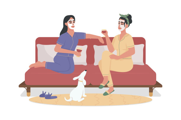 女孩在舒适的沙发上喝酒半平色矢量人物图片下载