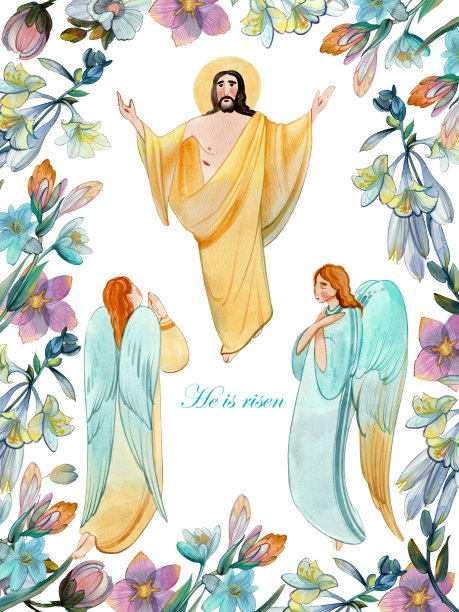 基督教复活节卡片。上帝耶稣基督和祈祷的天使在花架里。图片下载