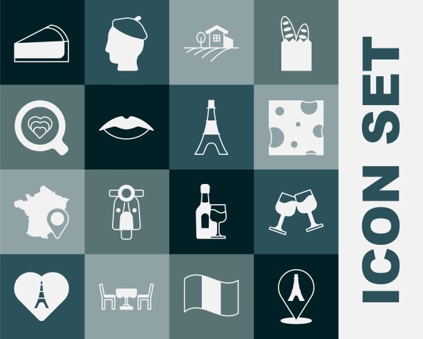 设置埃菲尔铁塔，酒杯，奶酪，乡村景观，微笑的嘴唇，咖啡杯，樱桃奶酪蛋糕片和图标。向量图片下载