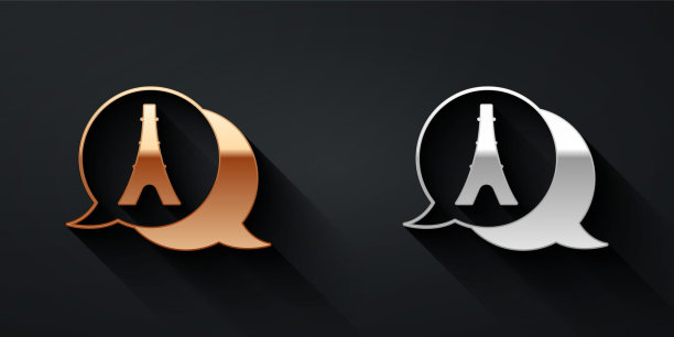 金色和银色的埃菲尔铁塔图标孤立在黑色背景上。法国巴黎的地标标志。长长的阴影风格。向量图片下载