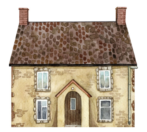 老意大利小屋的正面视图。乡村美丽的房子。瓦片屋顶和两个烟囱。大窗户和门廊入口。图片下载