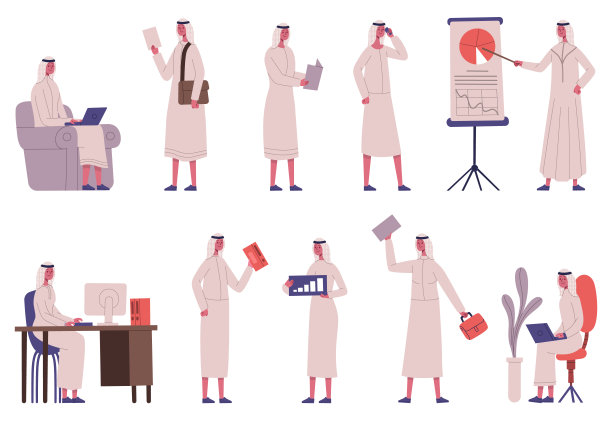 阿拉伯伊斯兰男性繁忙的商务办公室性格。阿拉伯商人在办公室工作，商业活动穆斯林人矢量插图集。穆斯林商人图片下载