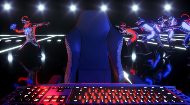 带键盘的电子竞技玩家座椅，赛博朋克运动概念，3d渲染图片下载