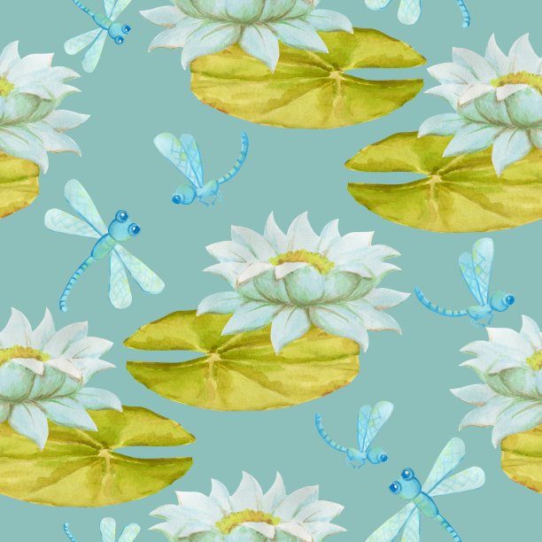 精致的蓝色蜻蜓飞过白色的睡莲，蓝色的背景上有叶子图片下载