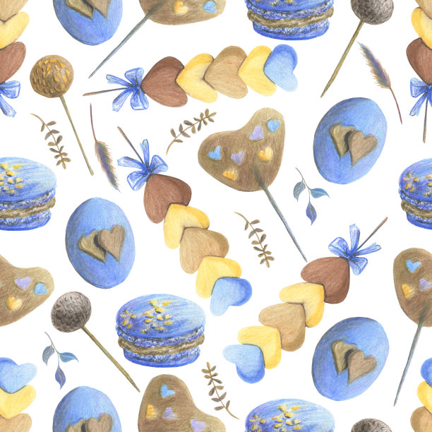 无缝模式与混合巧克力。棒棒糖，通心粉和各种糖果。心的形状。用彩色铅笔制作的。手绘。图片下载