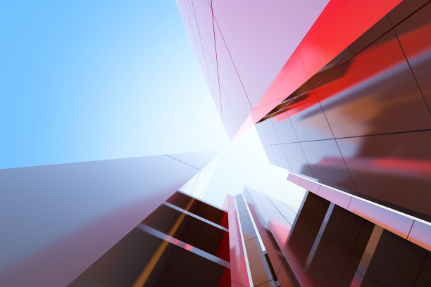 未来主义现代建筑的低角度视图，企业办公大楼的摩天大楼，3D渲染。图片下载