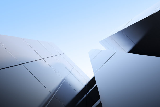 未来主义现代建筑的低角度视图，企业办公大楼的摩天大楼，3D渲染。图片下载