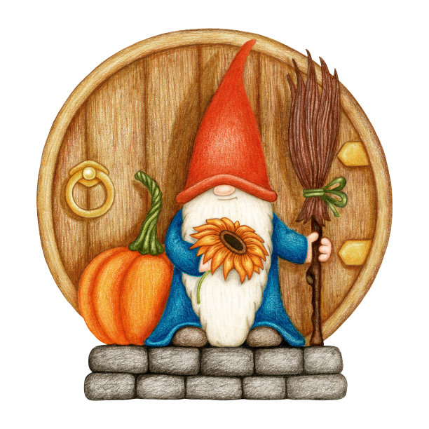 手绘侏儒在橙色的帽子与南瓜，向日葵和扫帚。彩色铅笔画插图的秋季假日印刷设计图片下载