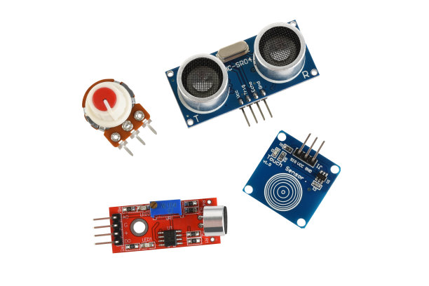 机器人编码传感器(剪切路径)。白色背景上的超声波距离传感器、声音传感器、指纹触摸传感器和电位器图片下载