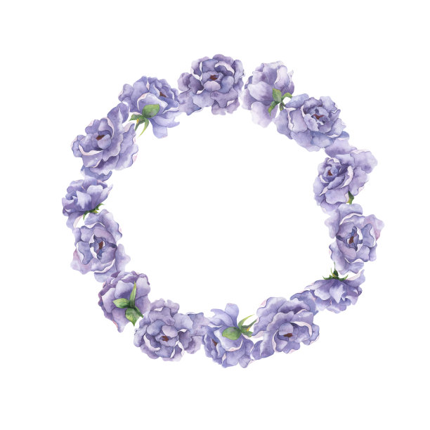 水彩圆形框架大丁香花牡丹在白色的背景图片下载