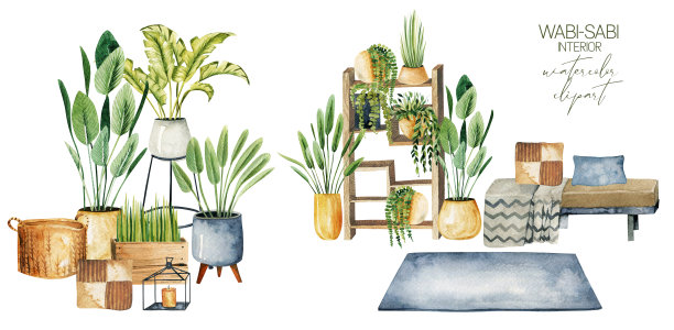 卧室内景水彩画和侘寂风格的盆栽，白色背景上手绘插图图片下载