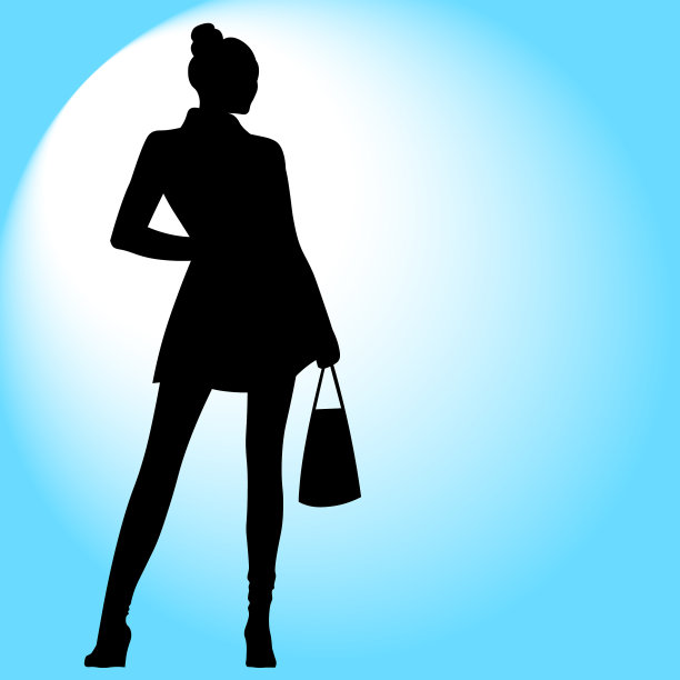 一个拿着包的女人的剪影，蓝色背景上的黑色图片下载