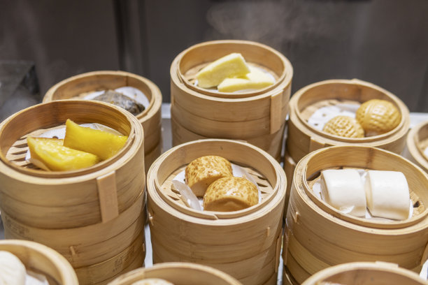 广东dum sum红糖馒头在餐车的特写图片下载