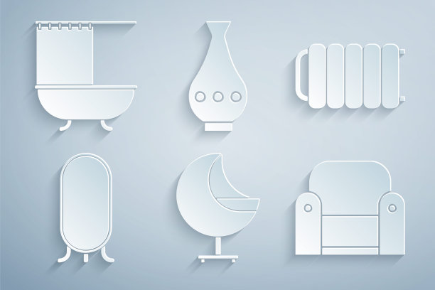 扶手椅，暖气片，大长度镜子，花瓶，浴缸，淋浴帘图标。向量图片下载