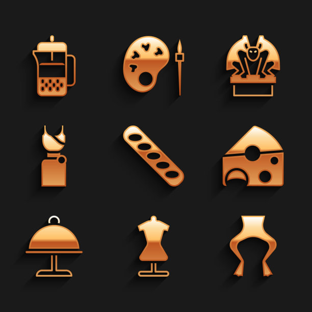 设置法式长棍面包，人体模型，青蛙腿，奶酪，覆盖托盘，女人的裙子，石像鬼基座和按图标。向量图片下载