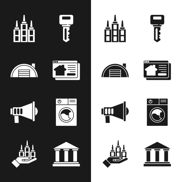 设置在线房地产房子，仓库，摩天大楼，房子钥匙，扩音器，洗衣机，博物馆建筑和图标。向量图片下载