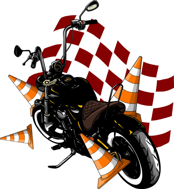 老式黑色bobber自行车与比赛旗帜图片下载