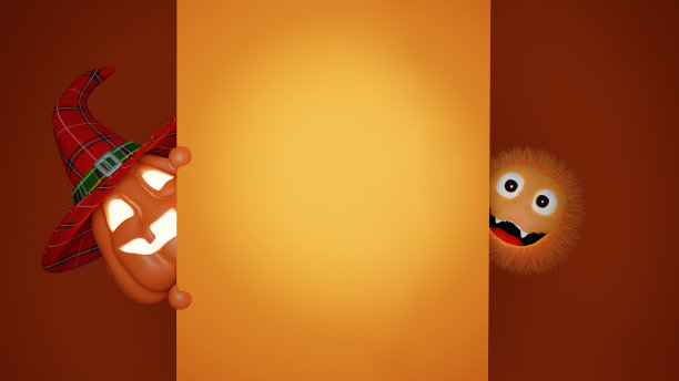 万圣节有趣的灯笼杰克南瓜和可爱的毛茸茸的小怪物从墙后偷看。从3 d渲染。图片下载