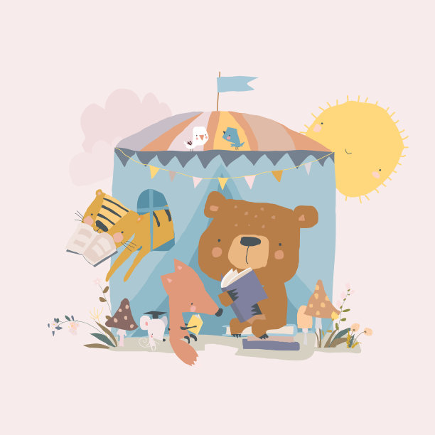 可爱的卡通动物在帐篷里看书图片下载