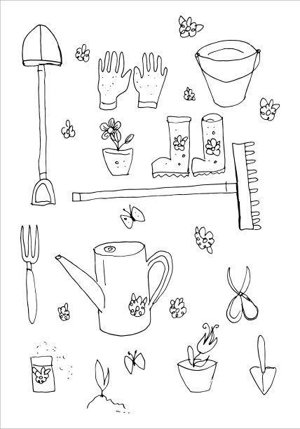 手绘的成套园艺工具图片下载