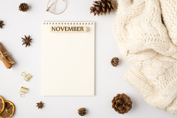 顶部视图照片的白色围巾组织者与题词11月松果干柠檬片肉桂棒金色的活页夹和时尚的眼镜孤立的白色背景与空白图片下载