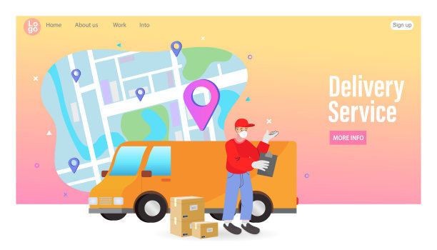 网上送货服务理念。送货员戴着面具。货车送货服务人员提箱卡通矢量插图设计图片下载